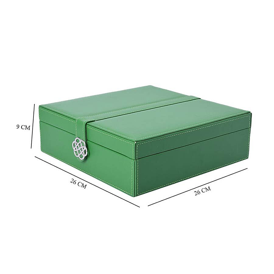 Two-Layer Green Jewellery Box with Multiple Compartments and Mirror (Size 26x26x9cm)