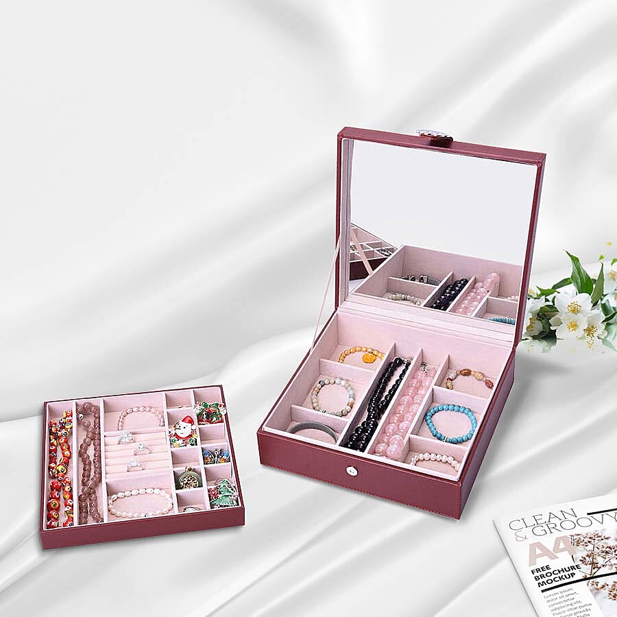 Two-Layer Burgundy Jewellery Box with Multiple Compartments and Mirror (Size 26x26x9cm)