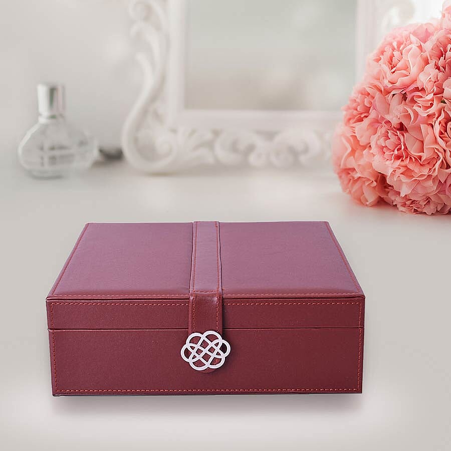 Two-Layer Burgundy Jewellery Box with Multiple Compartments and Mirror (Size 26x26x9cm)