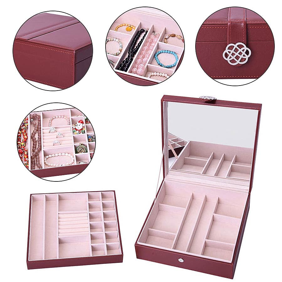 Two-Layer Burgundy Jewellery Box with Multiple Compartments and Mirror (Size 26x26x9cm)