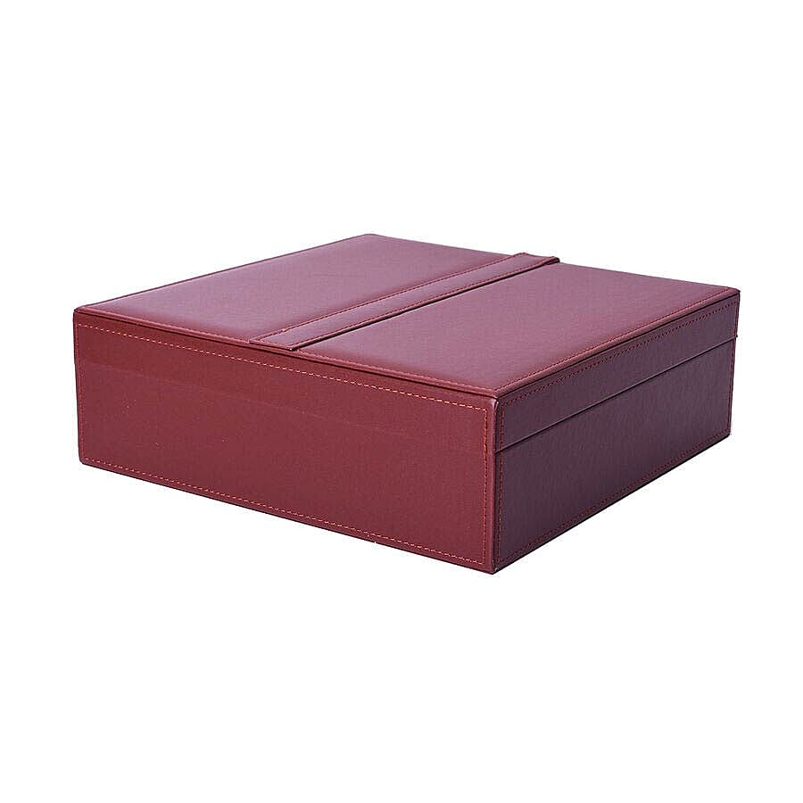 Two-Layer Burgundy Jewellery Box with Multiple Compartments and Mirror (Size 26x26x9cm)