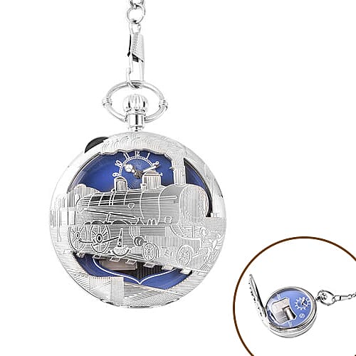 STRADA Japanese Movement Train Pattern Water Resistant Music Pocket Watch with Chain (Size 14) in Silver Tone