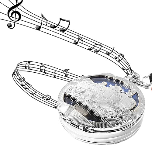 STRADA Japanese Movement Train Pattern Water Resistant Music Pocket Watch with Chain (Size 14) in Silver Tone