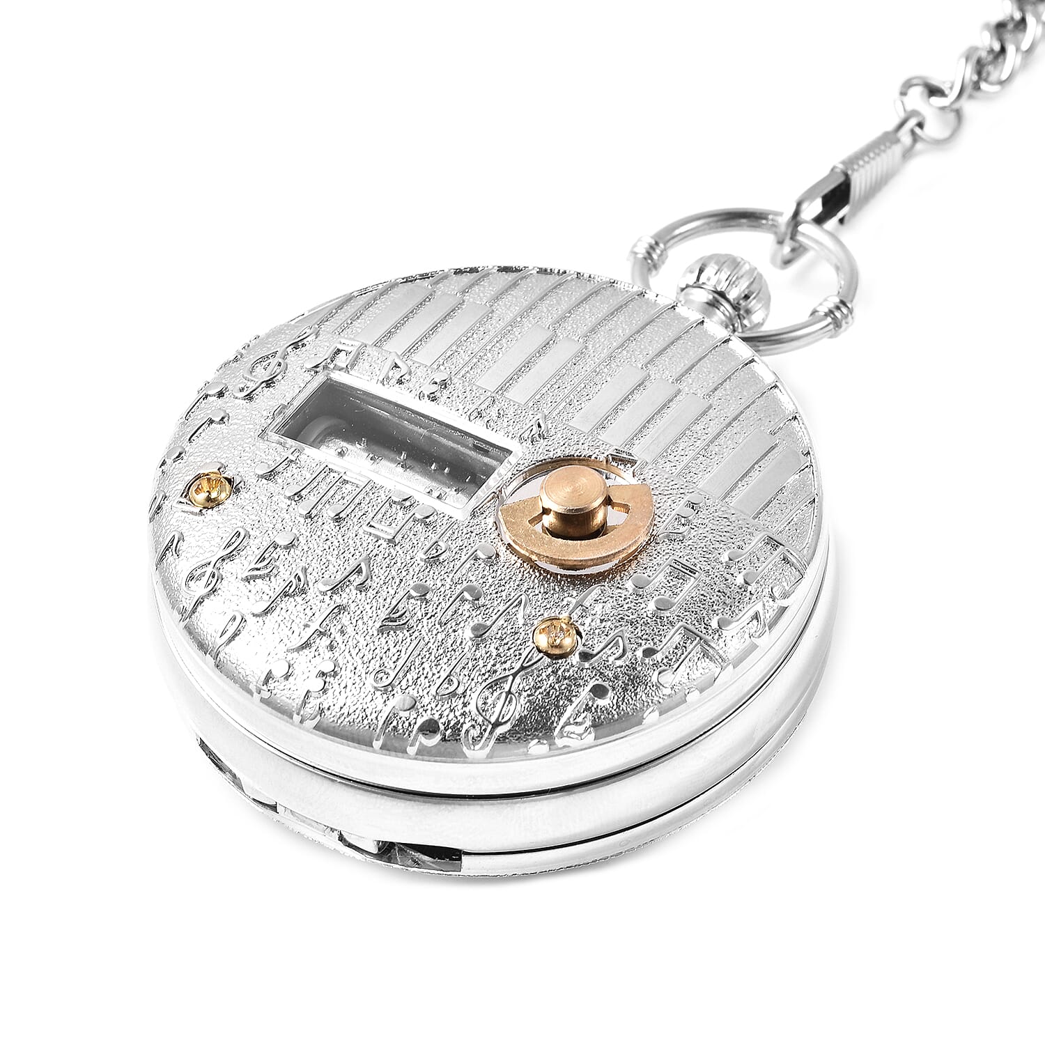STRADA Japanese Movement Train Pattern Water Resistant Music Pocket Watch with Chain (Size 14) in Silver Tone