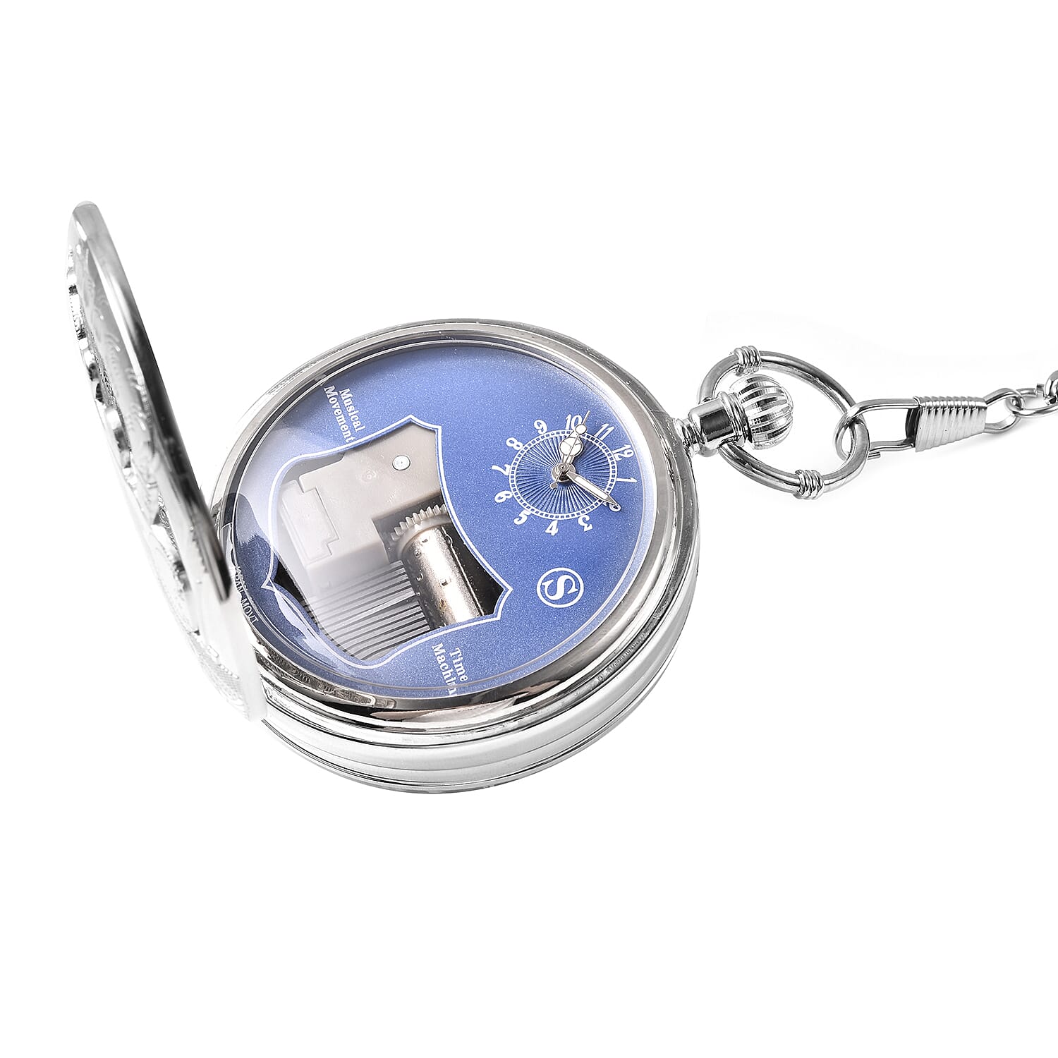 STRADA Japanese Movement Train Pattern Water Resistant Music Pocket Watch with Chain (Size 14) in Silver Tone