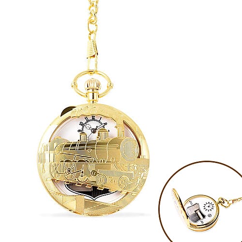 STRADA Japanese Movement Train Pattern Water Resistant Music Pocket Watch with Chain (Size 14) in Yellow Gold Tone