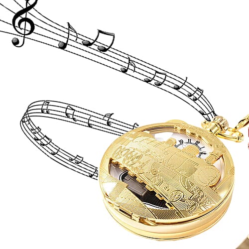 STRADA Japanese Movement Train Pattern Water Resistant Music Pocket Watch with Chain (Size 14) in Yellow Gold Tone