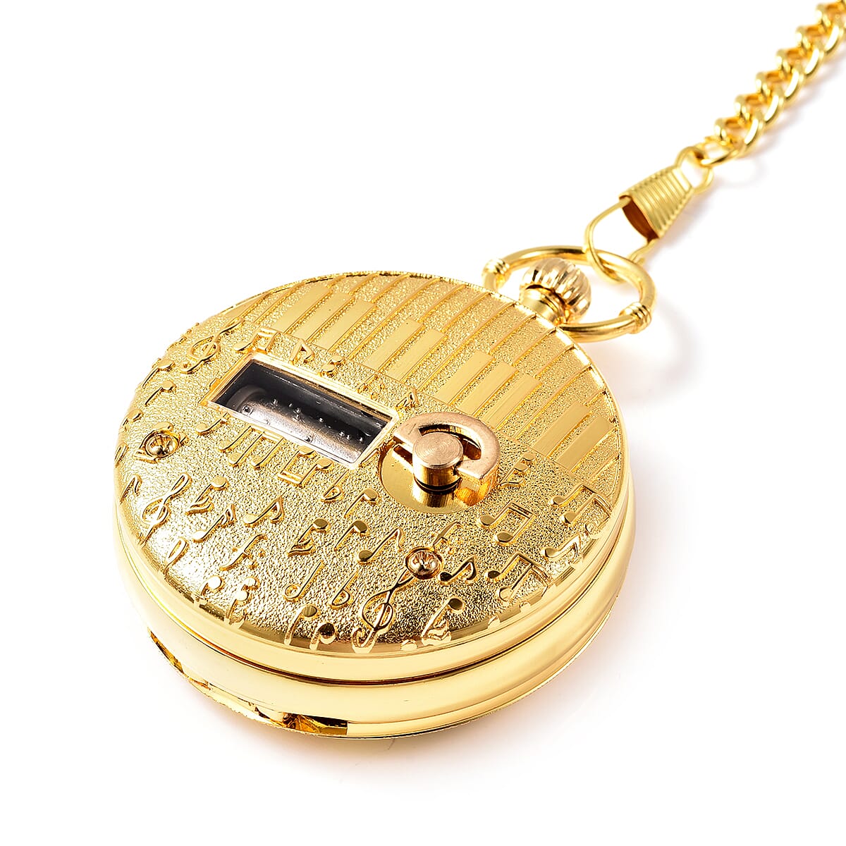 STRADA Japanese Movement Train Pattern Water Resistant Music Pocket Watch with Chain (Size 14) in Yellow Gold Tone
