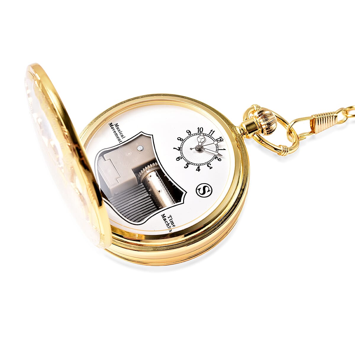 STRADA Japanese Movement Train Pattern Water Resistant Music Pocket Watch with Chain (Size 14) in Yellow Gold Tone