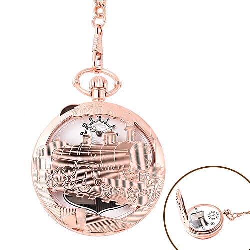 STRADA Japanese Movement Train Pattern Water Resistant Music Pocket Watch with Chain (Size 14) in Rose Gold Tone