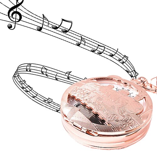 STRADA Japanese Movement Train Pattern Water Resistant Music Pocket Watch with Chain (Size 14) in Rose Gold Tone