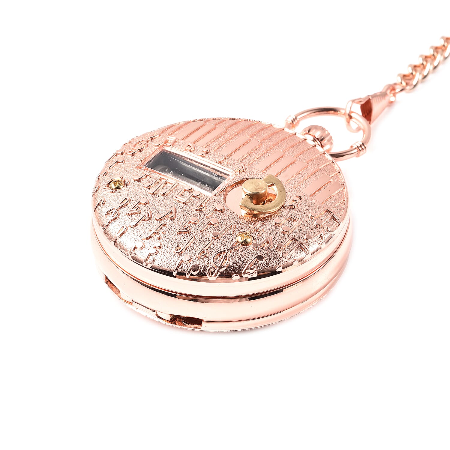 STRADA Japanese Movement Train Pattern Water Resistant Music Pocket Watch with Chain (Size 14) in Rose Gold Tone