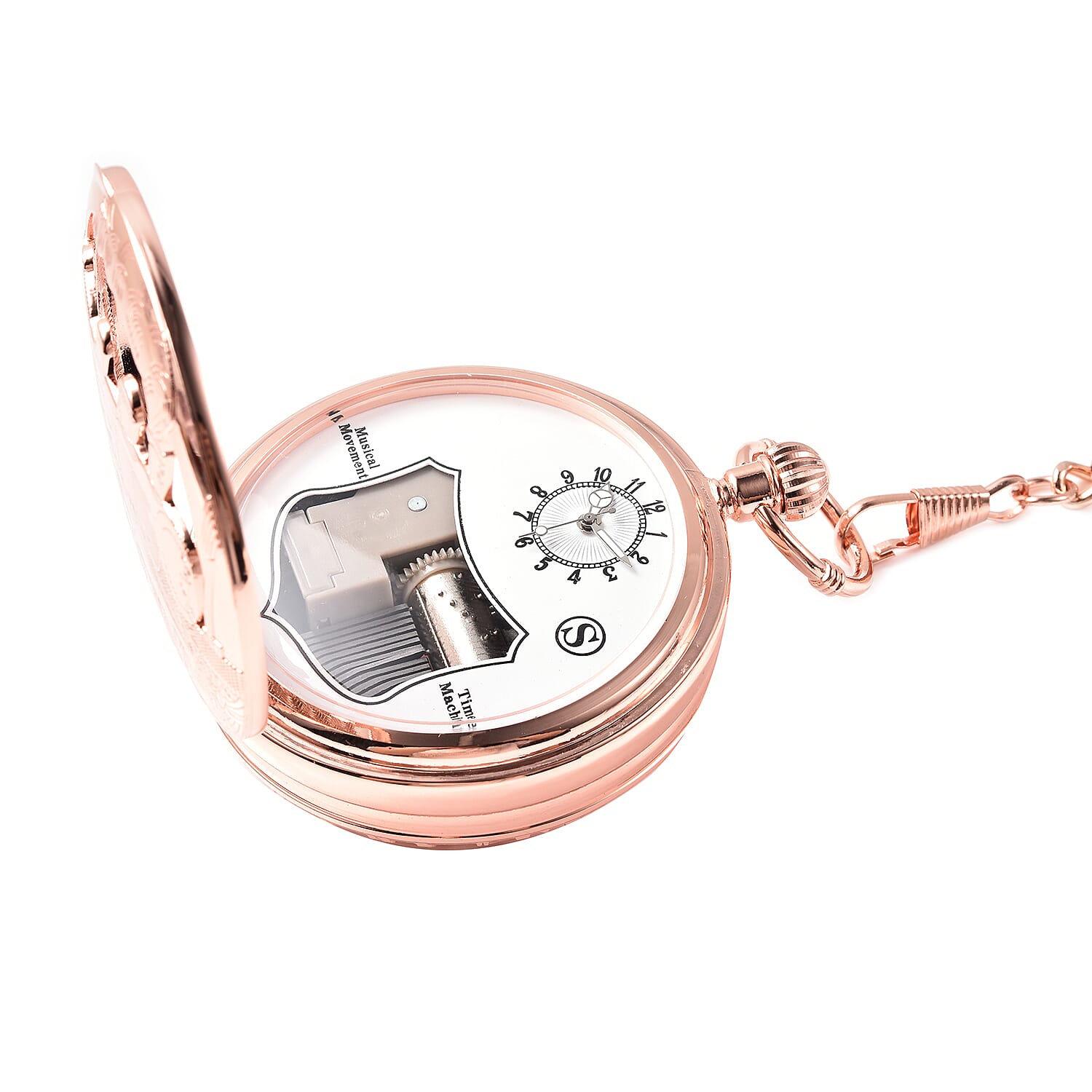 STRADA Japanese Movement Train Pattern Water Resistant Music Pocket Watch with Chain (Size 14) in Rose Gold Tone