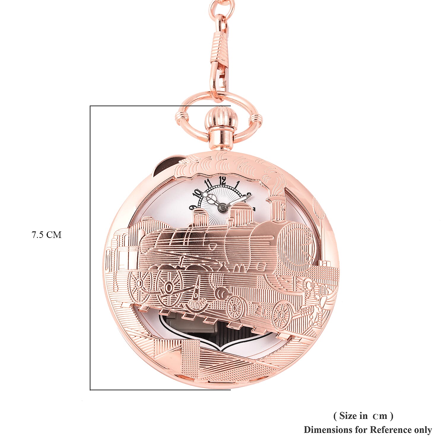 STRADA Japanese Movement Train Pattern Water Resistant Music Pocket Watch with Chain (Size 14) in Rose Gold Tone