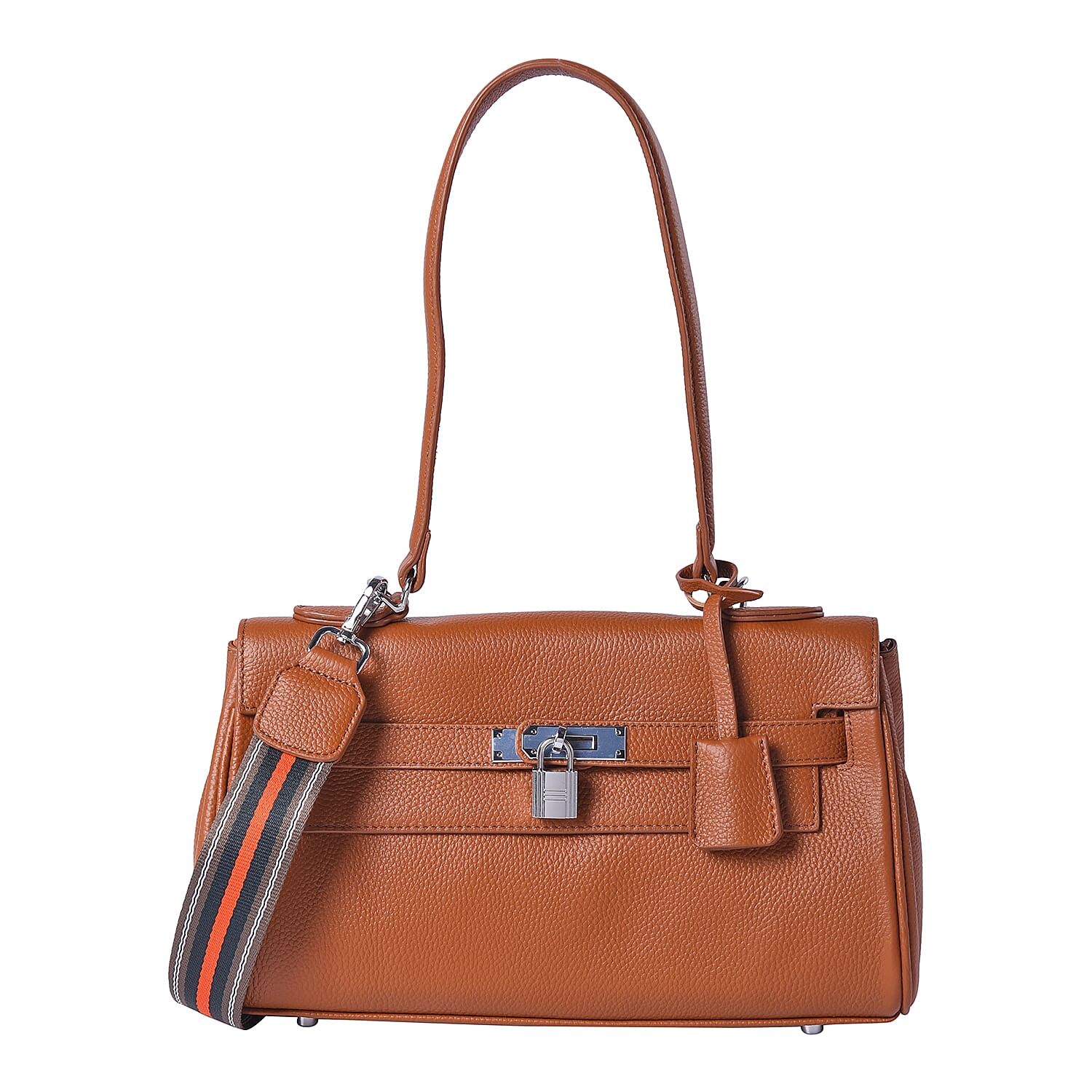 100% Genuine Leather Tote Bag with Stripe Pattern Shoulder Strap -  Brown