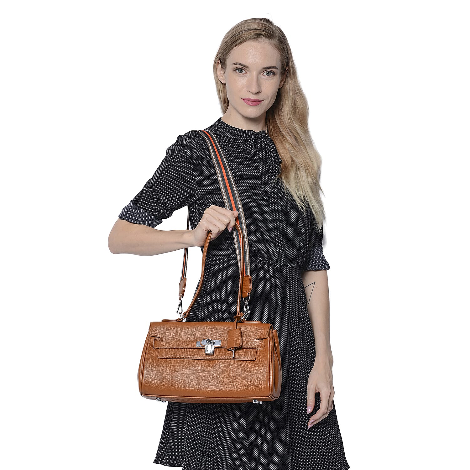 100% Genuine Leather Tote Bag with Stripe Pattern Shoulder Strap -  Brown