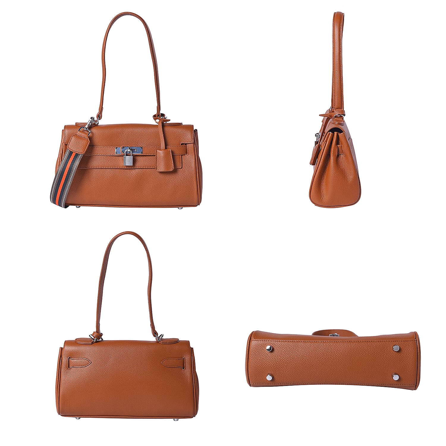 100% Genuine Leather Tote Bag with Stripe Pattern Shoulder Strap -  Brown