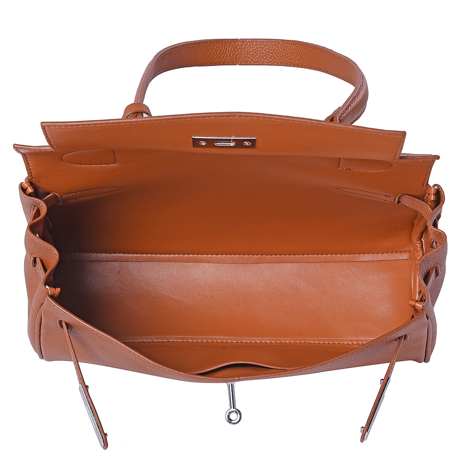 100% Genuine Leather Tote Bag with Stripe Pattern Shoulder Strap -  Brown