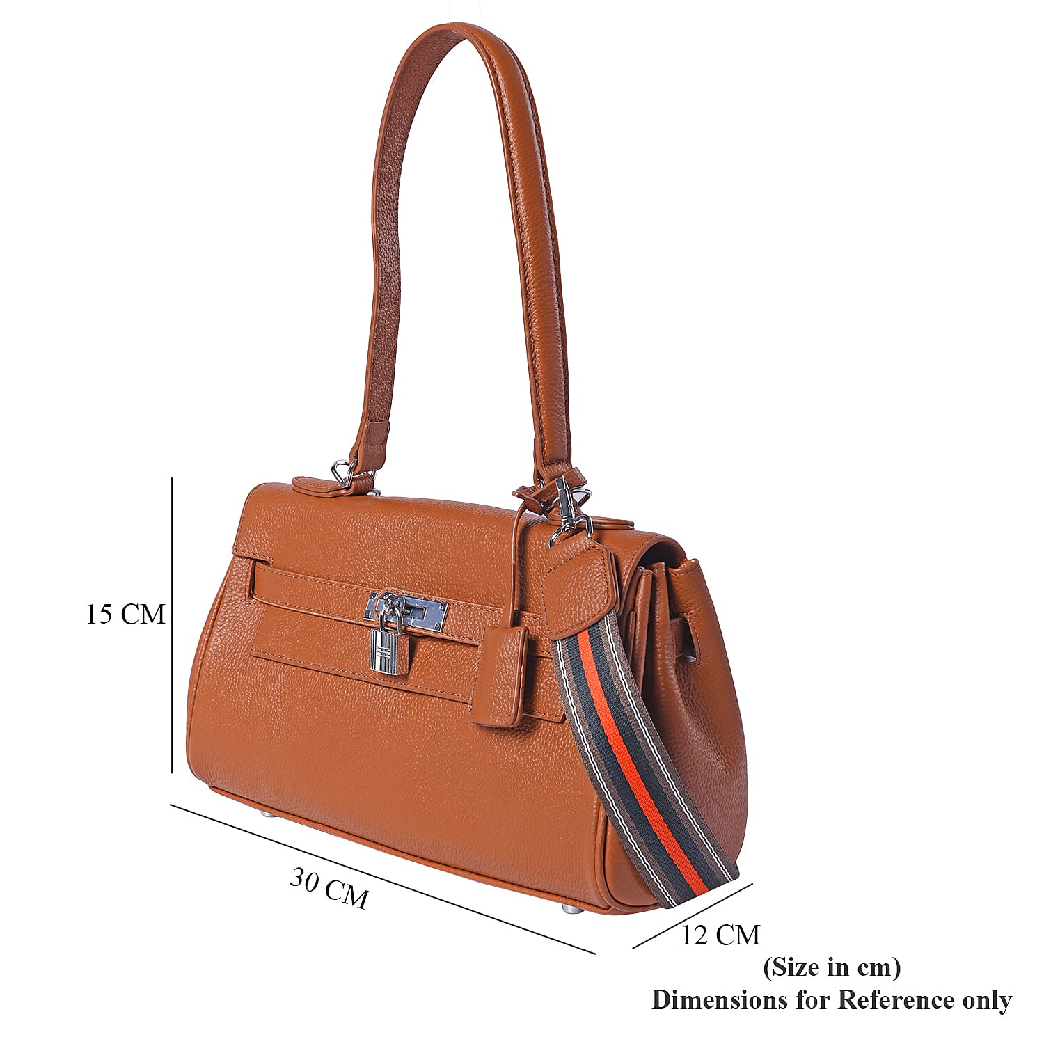 100% Genuine Leather Tote Bag with Stripe Pattern Shoulder Strap -  Brown