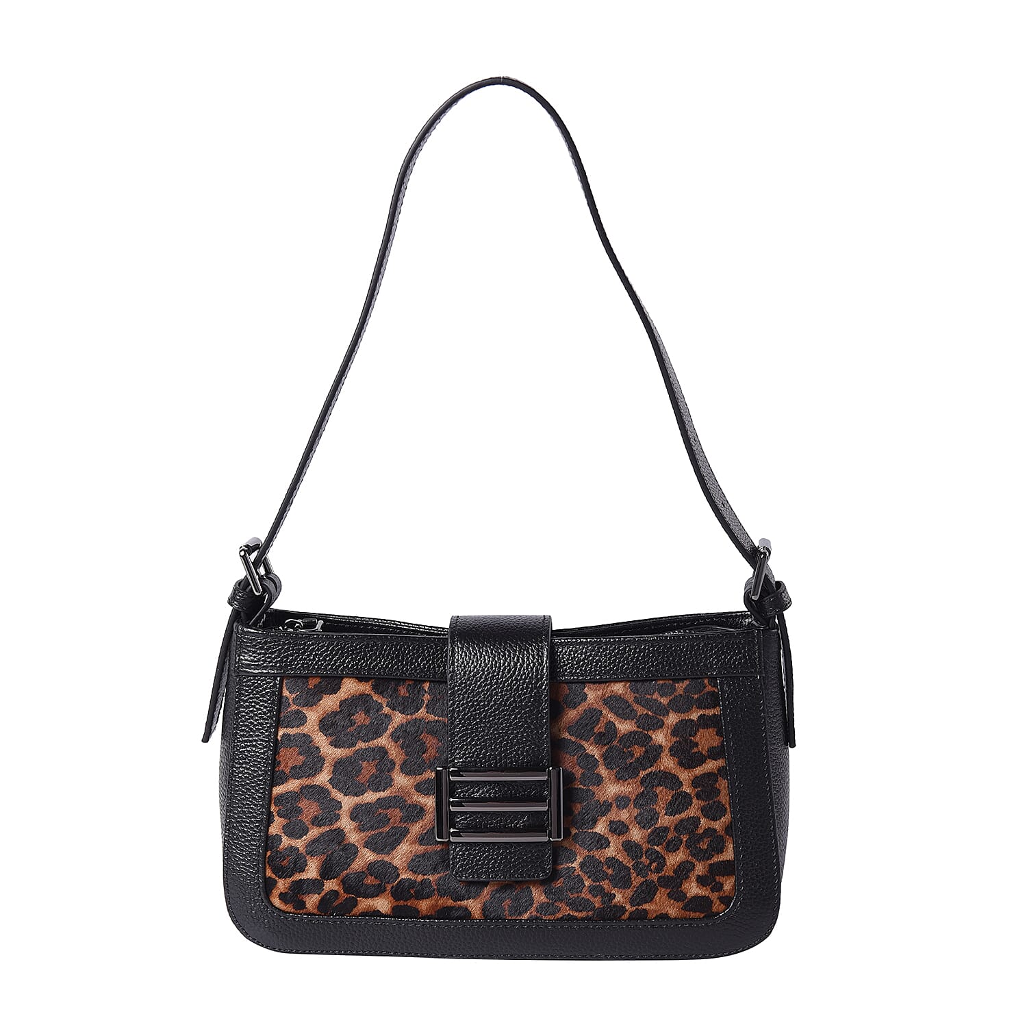 100% Genuine Leather Leopard Pattern Hobo Bag (26x7x15cm) with Clasp Closure - Black