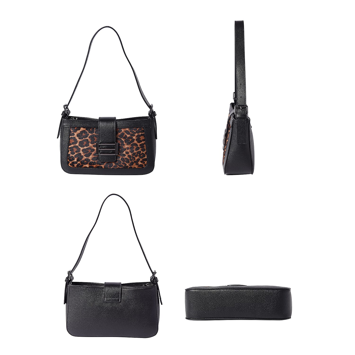 100% Genuine Leather Leopard Pattern Hobo Bag (26x7x15cm) with Clasp Closure - Black