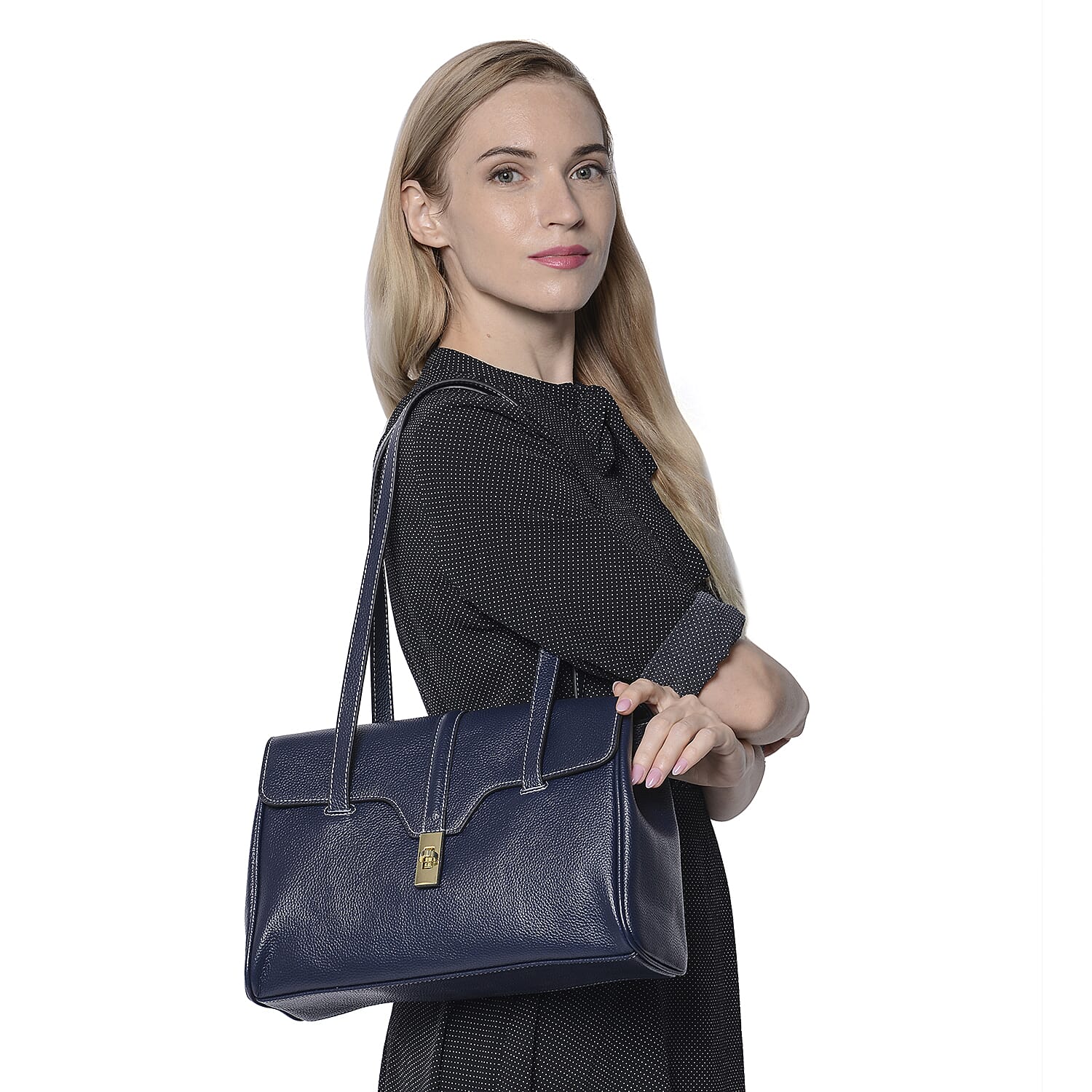 100% Genuine Leather Tote Bag (Size: 34x12x22cm) - Navy Blue