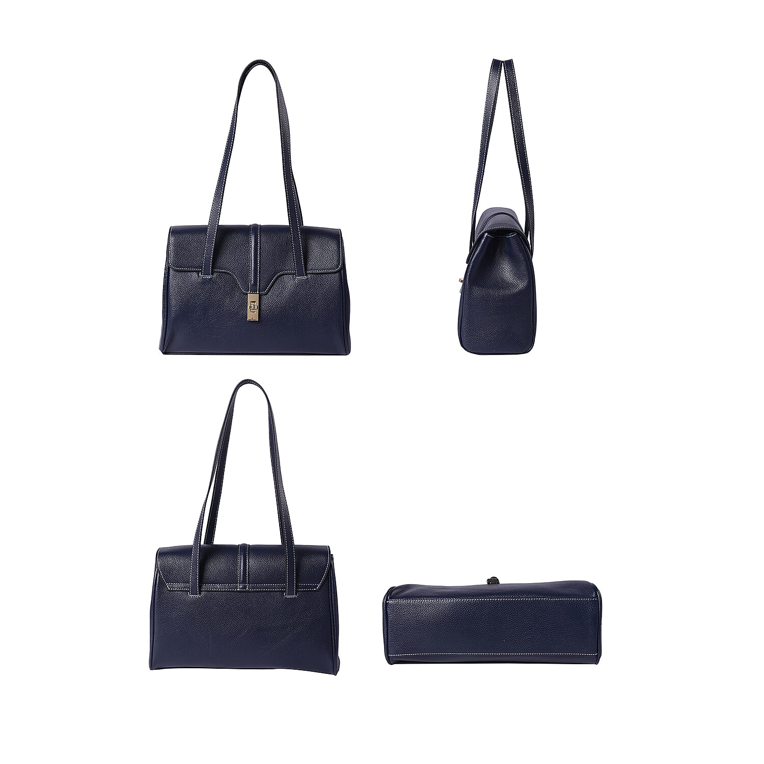100% Genuine Leather Tote Bag (Size: 34x12x22cm) - Navy Blue