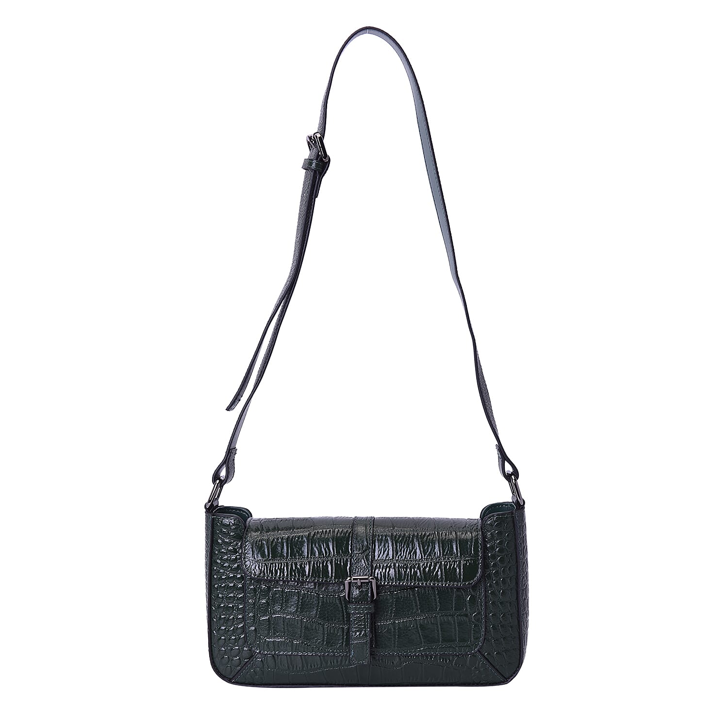 100% Genuine Leather Crocodile-Embossed Pattern Hobo Bag (28x5x16cm) with Adjustable Shoulder Strap - Green
