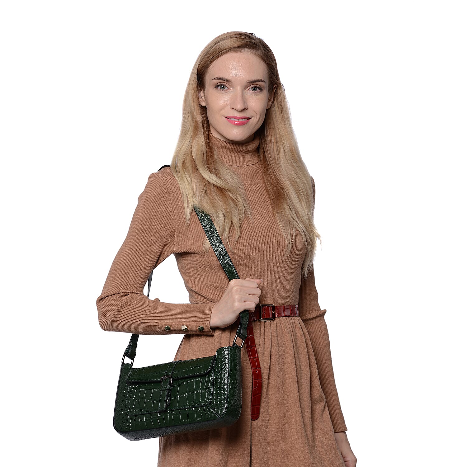 100% Genuine Leather Crocodile-Embossed Pattern Hobo Bag (28x5x16cm) with Adjustable Shoulder Strap - Green