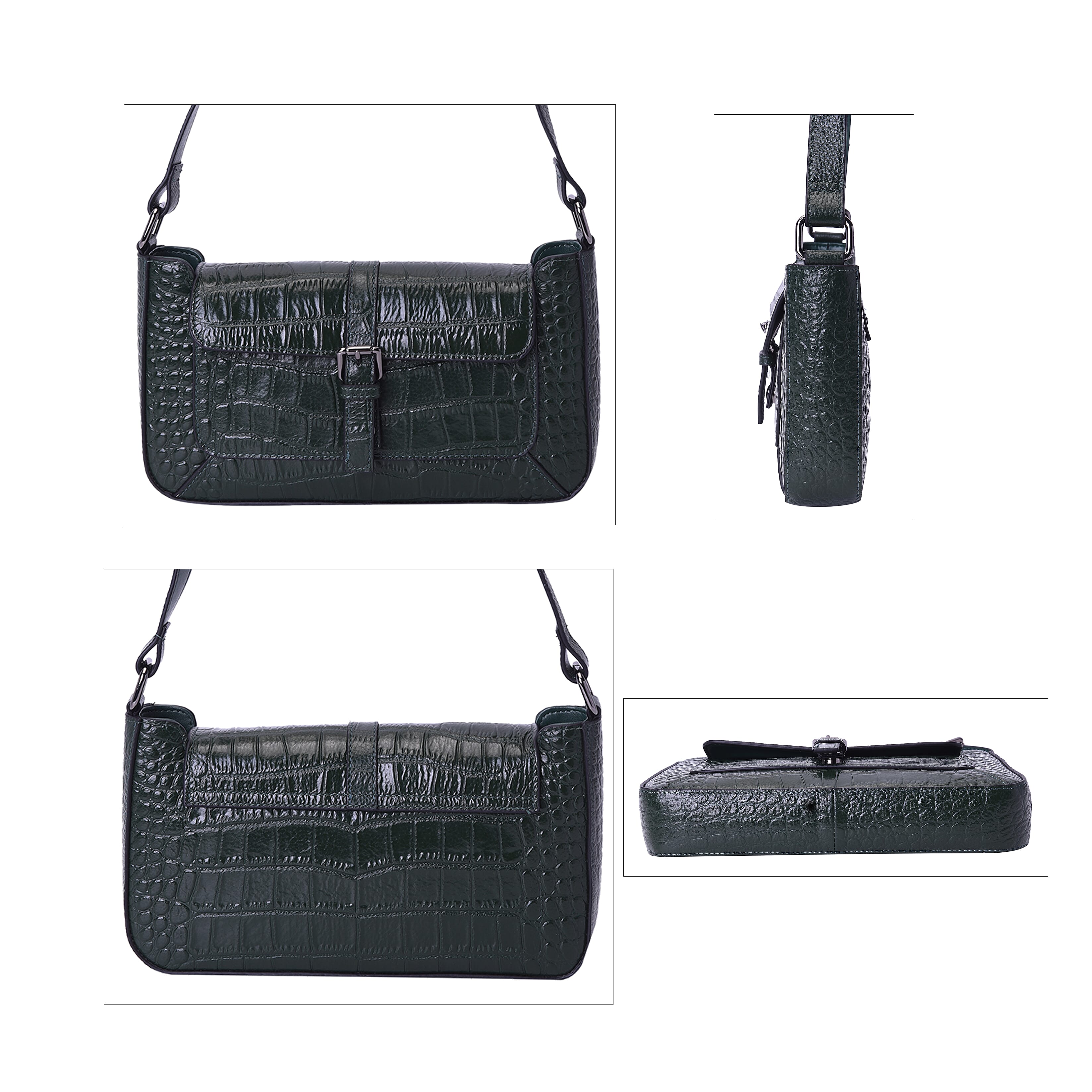 100% Genuine Leather Crocodile-Embossed Pattern Hobo Bag (28x5x16cm) with Adjustable Shoulder Strap - Green