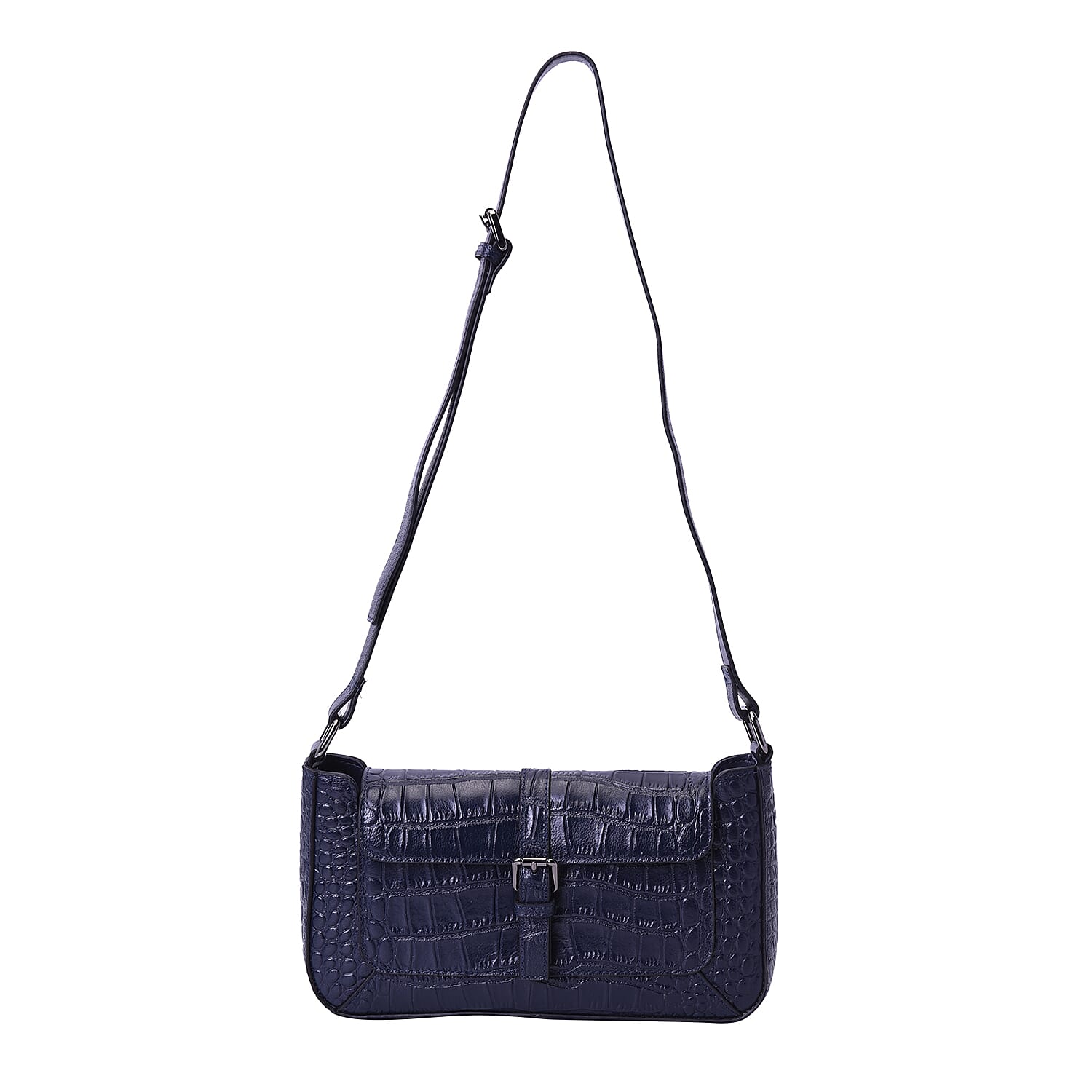 100% Genuine Leather Crocodile-Embossed Pattern Hobo Bag (28x5x16cm) with Adjustable Shoulder Strap - Navy