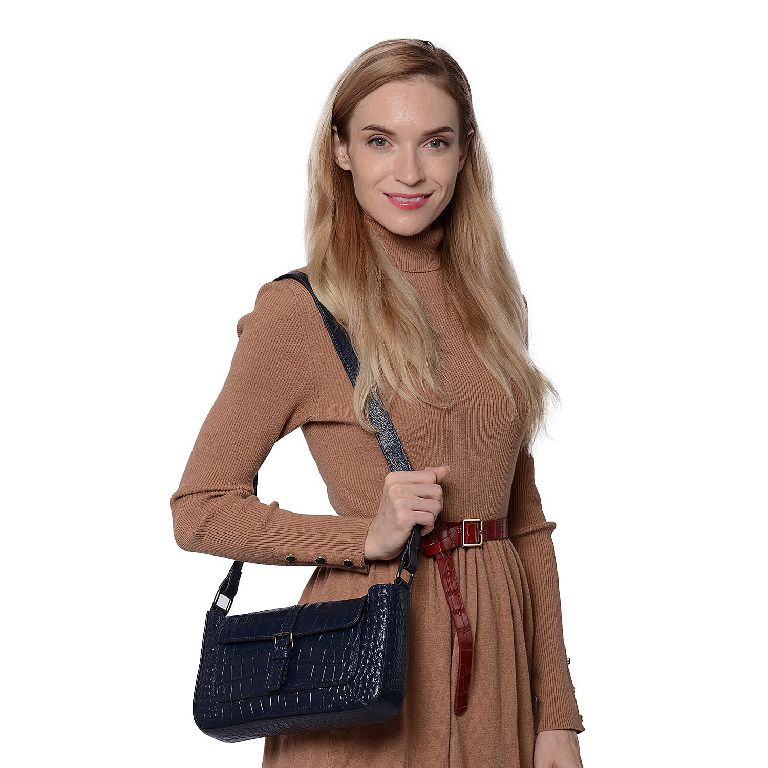 100% Genuine Leather Crocodile-Embossed Pattern Hobo Bag (28x5x16cm) with Adjustable Shoulder Strap - Navy