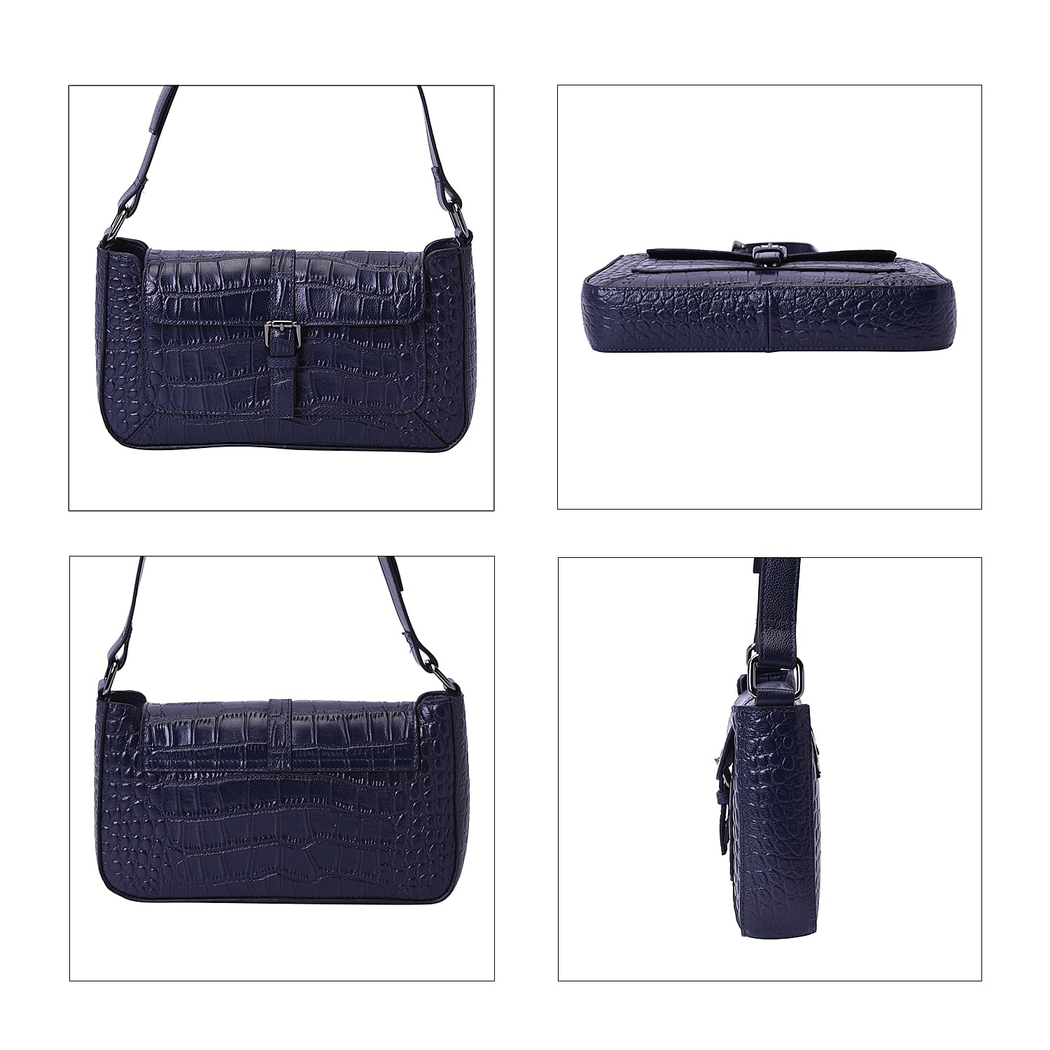 100% Genuine Leather Crocodile-Embossed Pattern Hobo Bag (28x5x16cm) with Adjustable Shoulder Strap - Navy