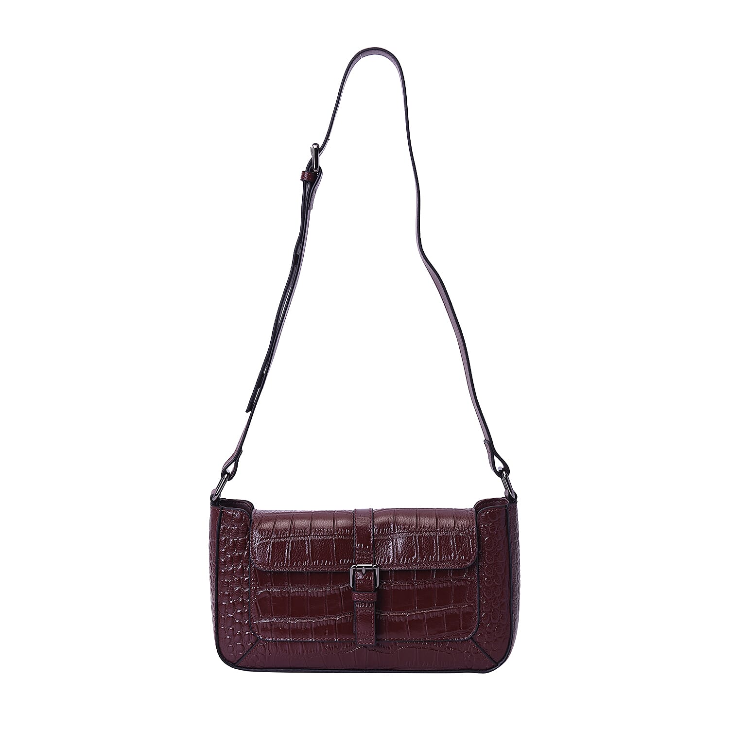100% Genuine Leather Crocodile-Embossed Pattern Hobo Bag (28x5x16cm) with Adjustable Shoulder Strap - Chocolate