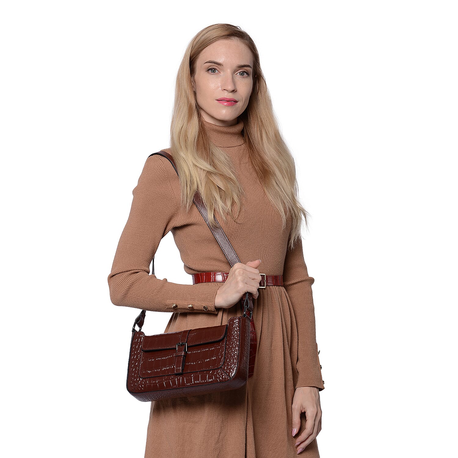 100% Genuine Leather Crocodile-Embossed Pattern Hobo Bag (28x5x16cm) with Adjustable Shoulder Strap - Chocolate