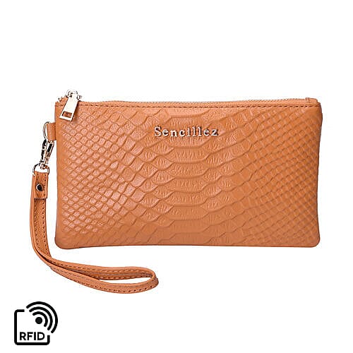 SENCILLEZ Genuine Leather RFID Protected Snake Skin Embossed Clutch Bag (19x11cm) - Orange