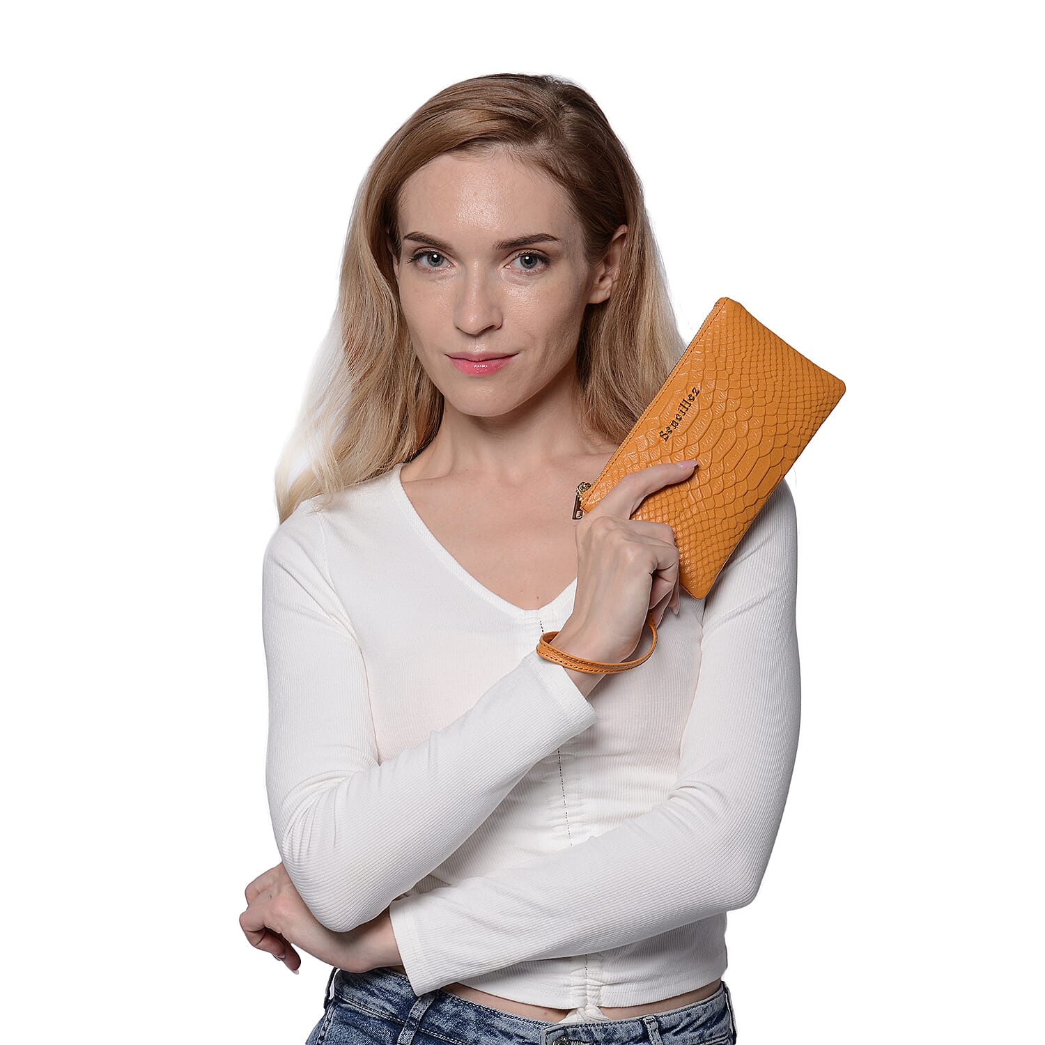 SENCILLEZ Genuine Leather RFID Protected Snake Skin Embossed Clutch Bag (19x11cm) - Orange