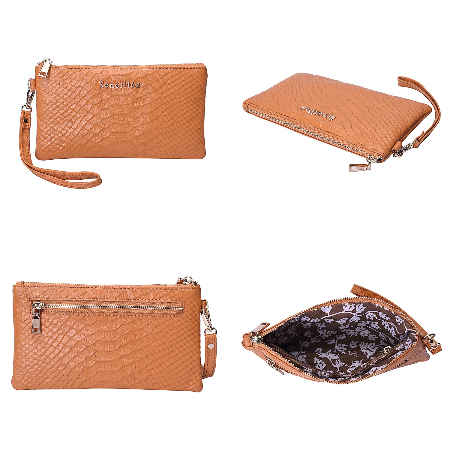 SENCILLEZ Genuine Leather RFID Protected Snake Skin Embossed Clutch Bag (19x11cm) - Orange