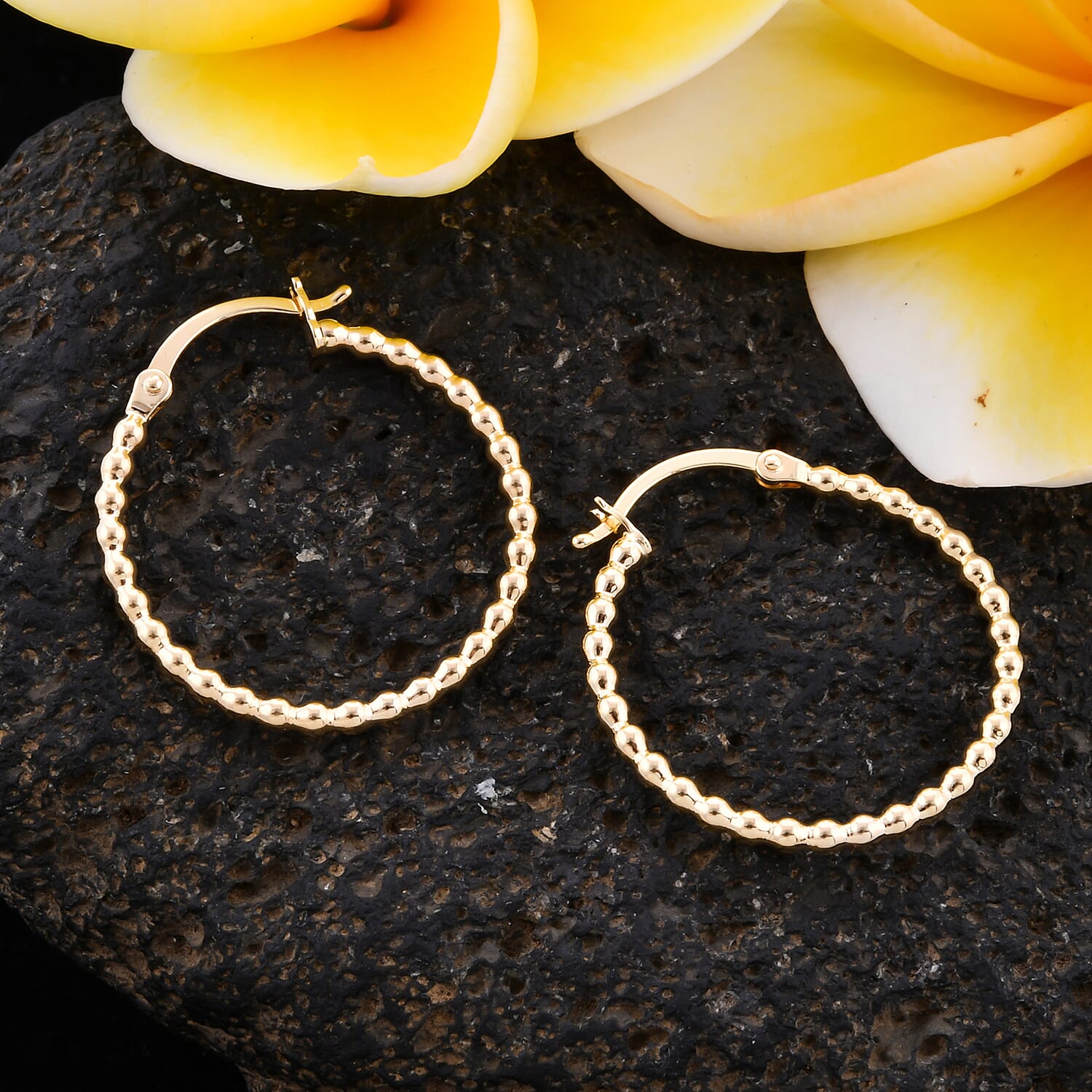 Royal Bali Collection- 9K Yellow Gold Ball Hoop Earrings with Clasp