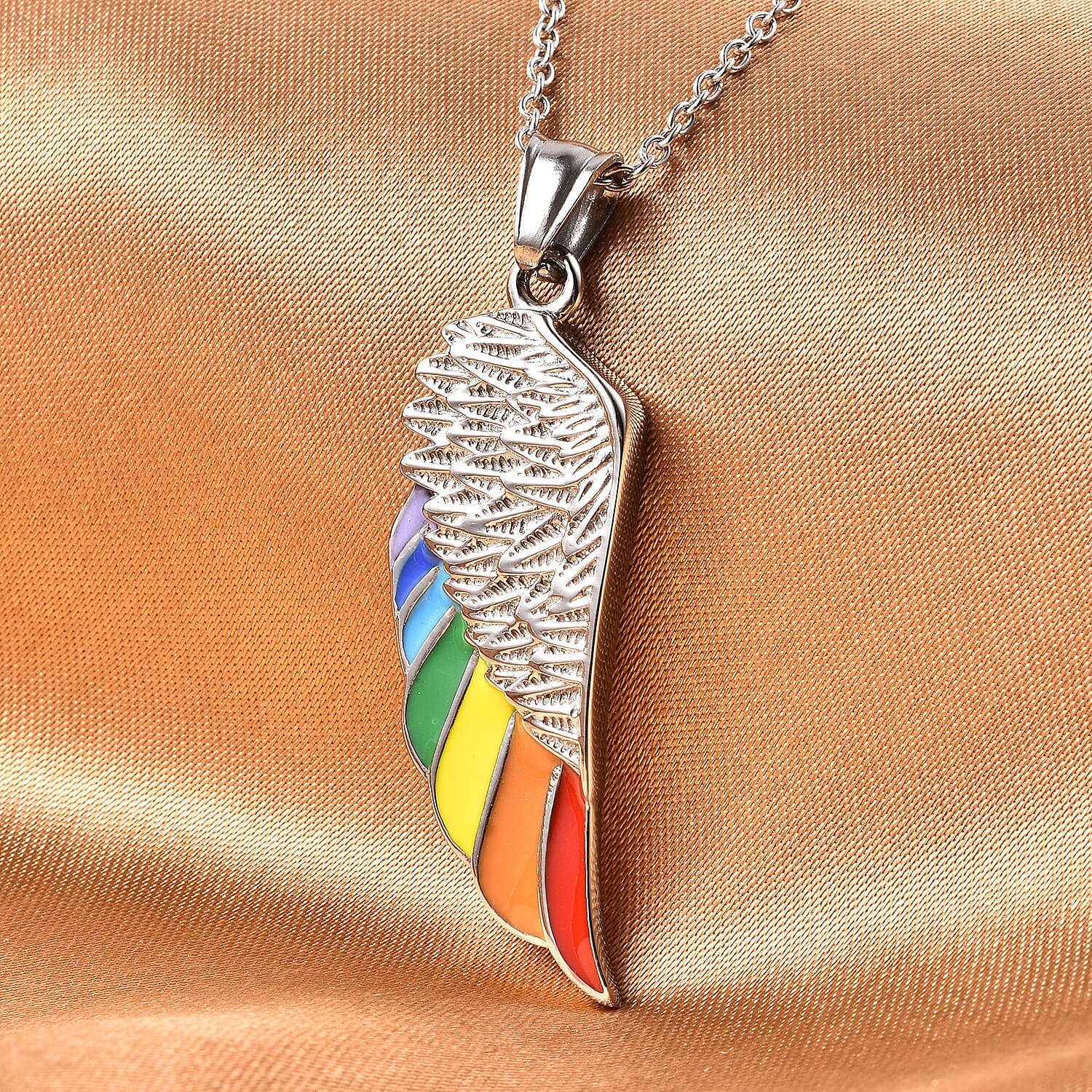 Rainbow Enamelled Angel Wing Pendant with Chain (Size 20)