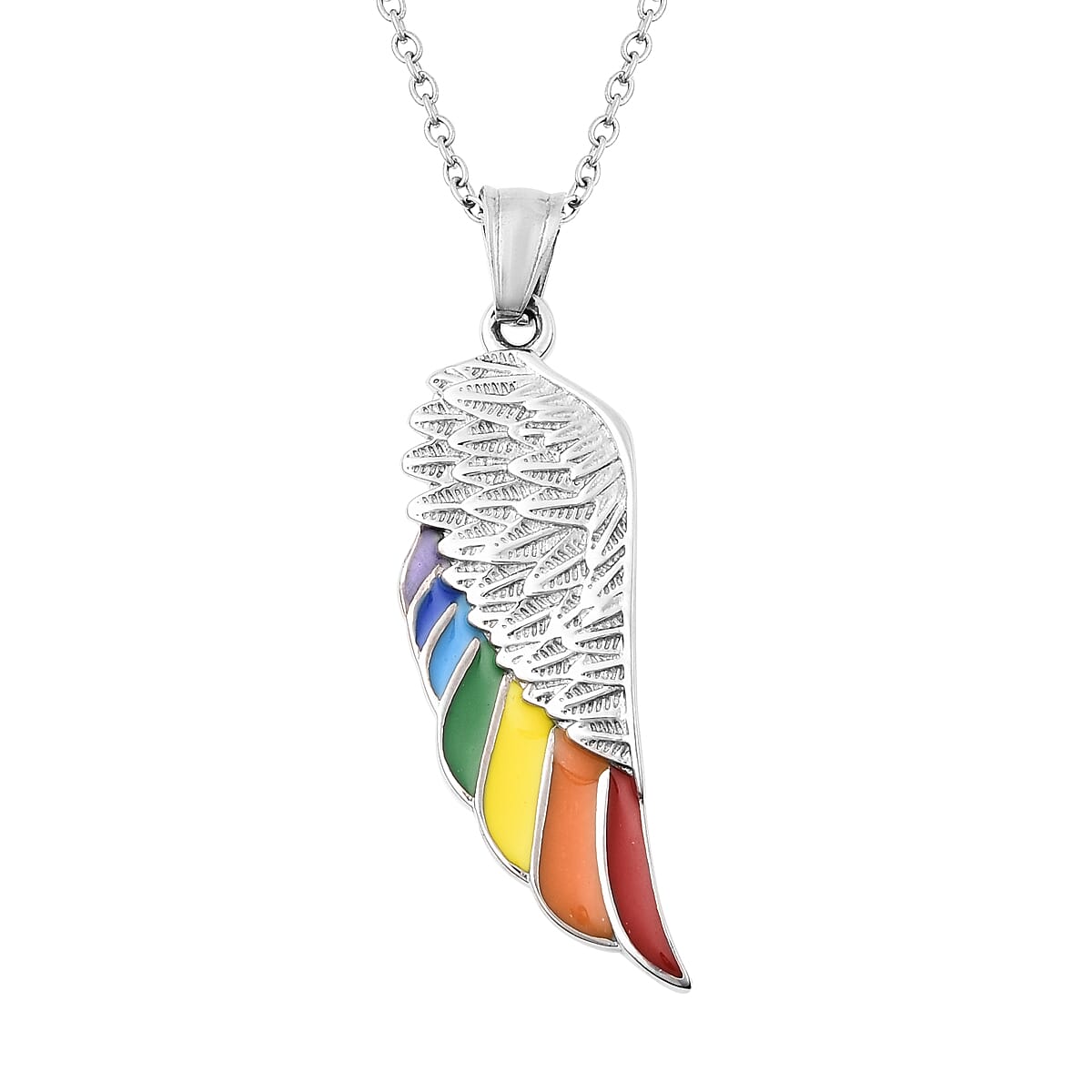 Rainbow Enamelled Angel Wing Pendant with Chain (Size 20)