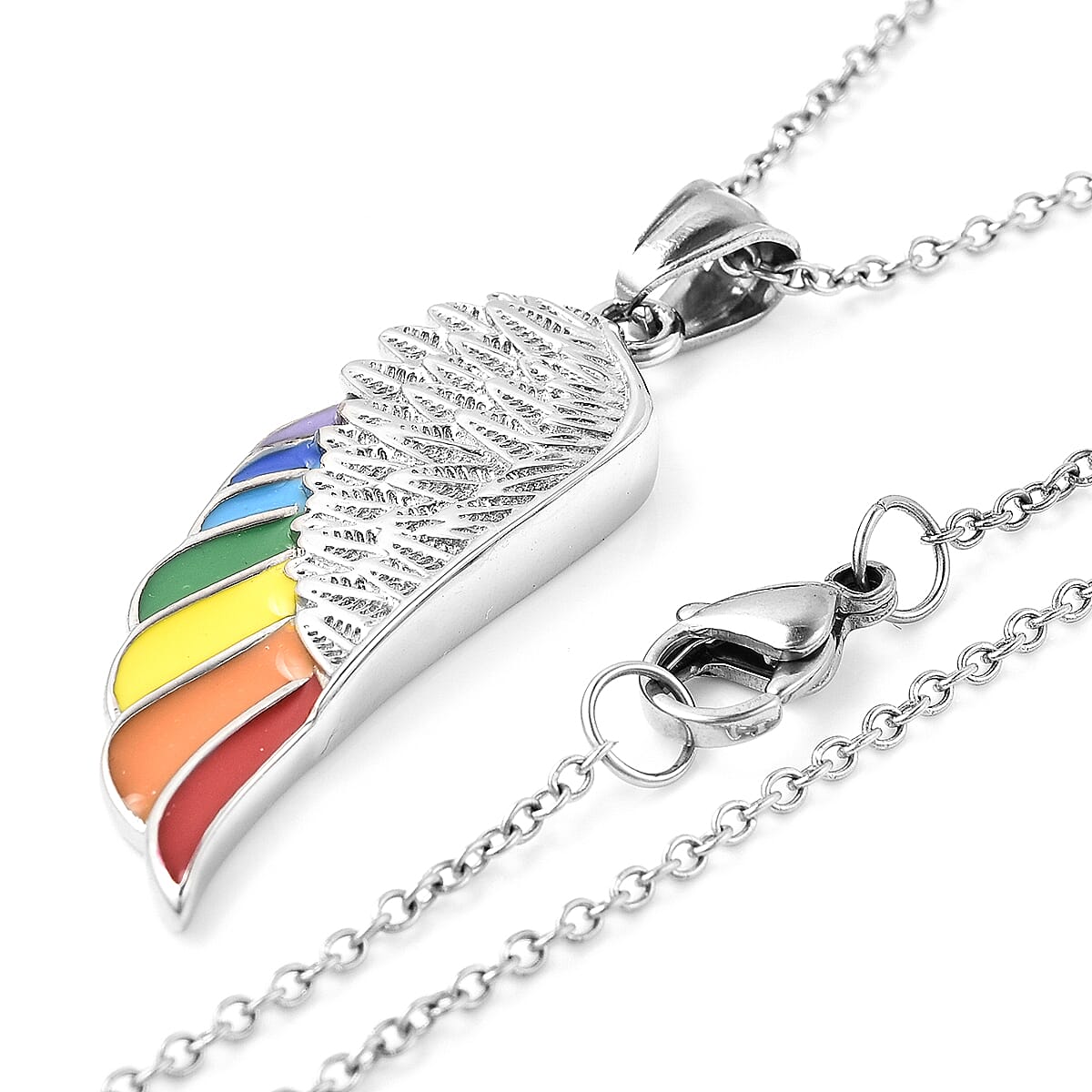 Rainbow Enamelled Angel Wing Pendant with Chain (Size 20)