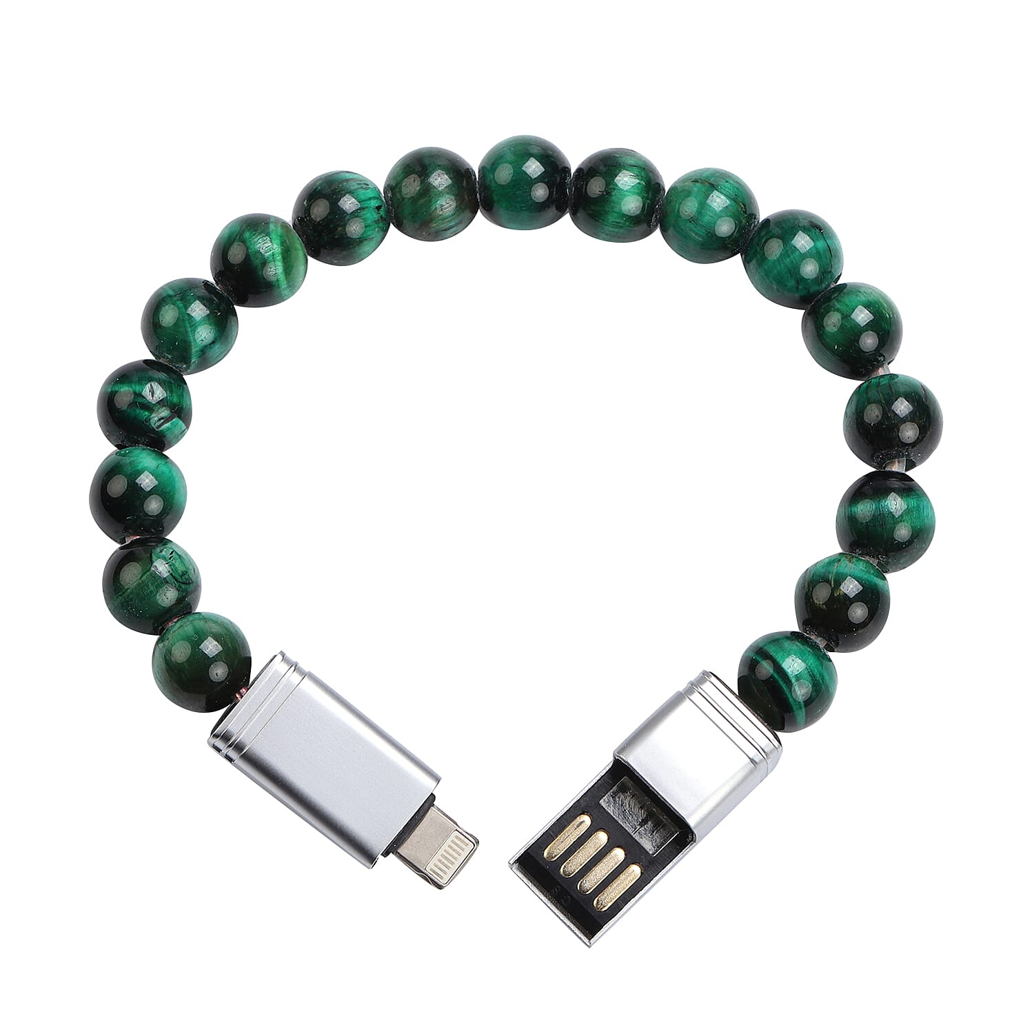 Green Tiger Eye Beads Bracelet (Size 7.75) with Micro USB Cable in Silver Tone 75.00 Ct.