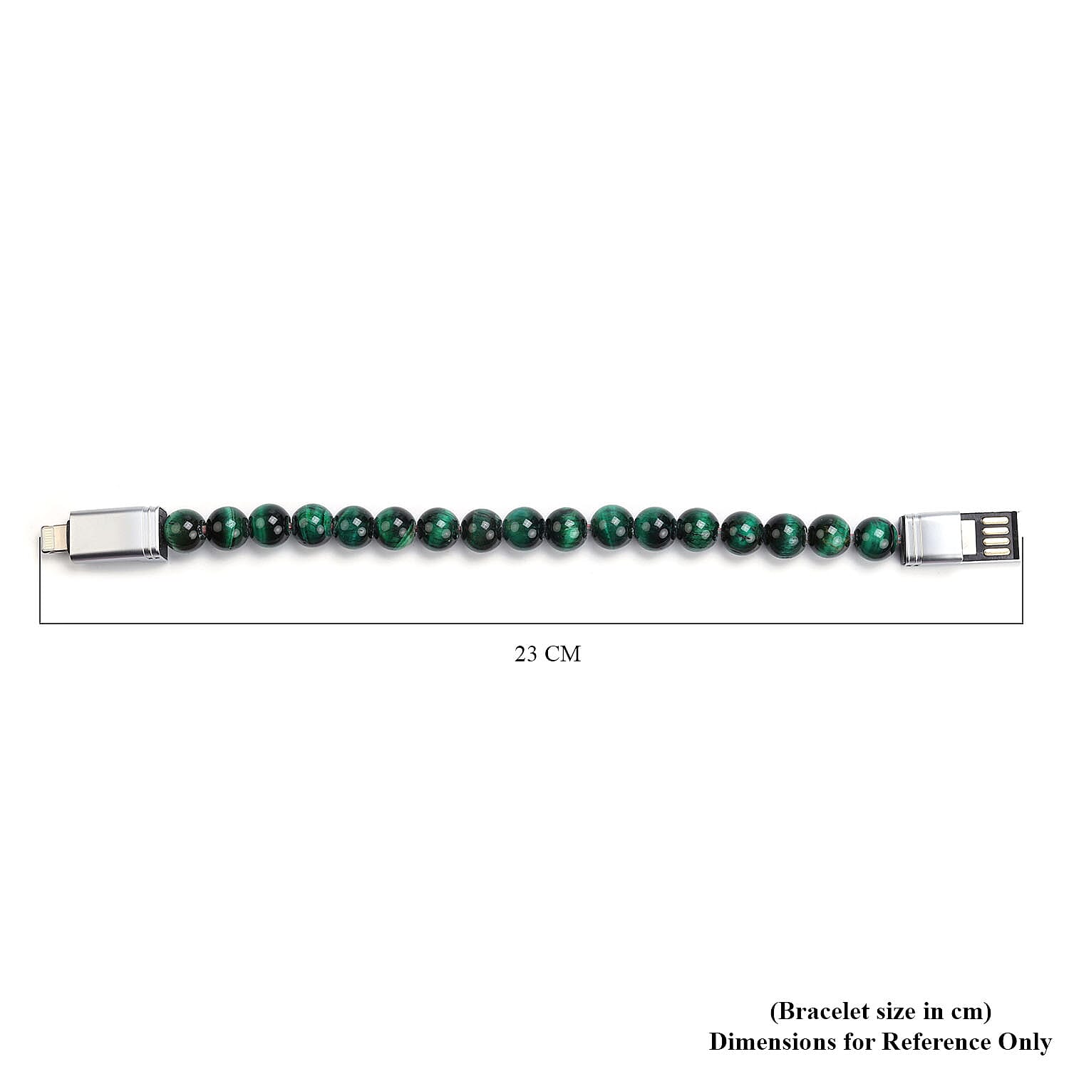 Green Tiger Eye Beads Bracelet (Size 7.75) with Micro USB Cable in Silver Tone 75.00 Ct.
