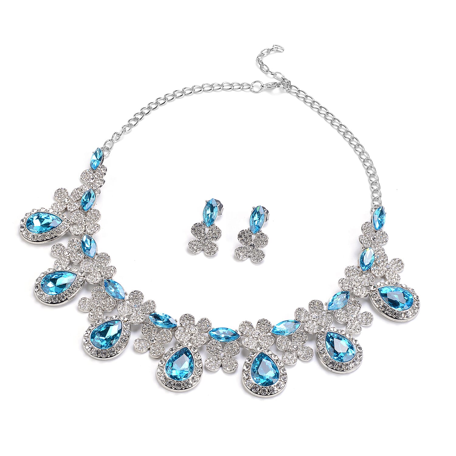 2 Piece Set - Simulated Aquamarine and White Austrain Crystal Necklace (Size 20 with 2 inch Extender) and Earrings (with Push Back) in Silver Tone
