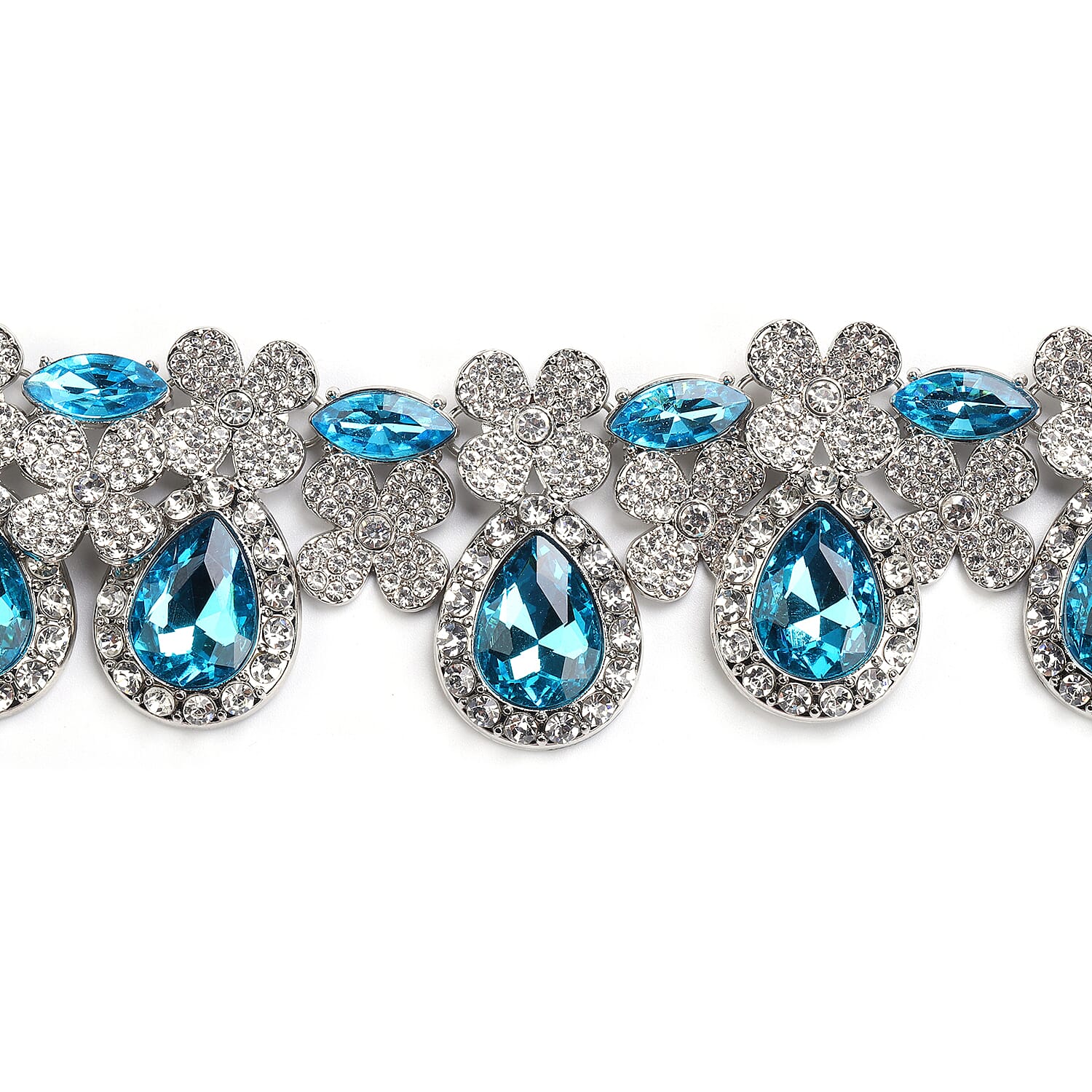 2 Piece Set - Simulated Aquamarine and White Austrain Crystal Necklace (Size 20 with 2 inch Extender) and Earrings (with Push Back) in Silver Tone