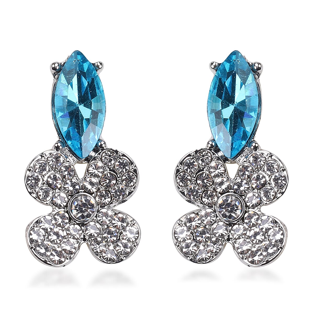 2 Piece Set - Simulated Aquamarine and White Austrain Crystal Necklace (Size 20 with 2 inch Extender) and Earrings (with Push Back) in Silver Tone