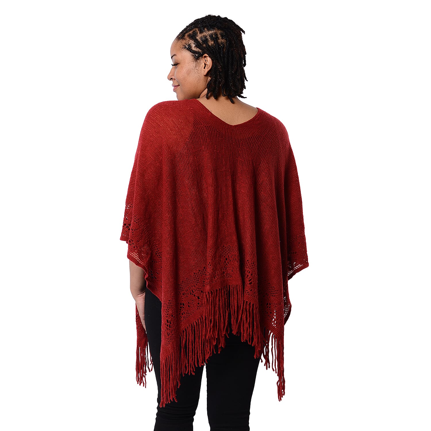 Spring Collection - Solid Red Colour Hollow Out Poncho with Tassel (Free Size; Length 60Cm)
