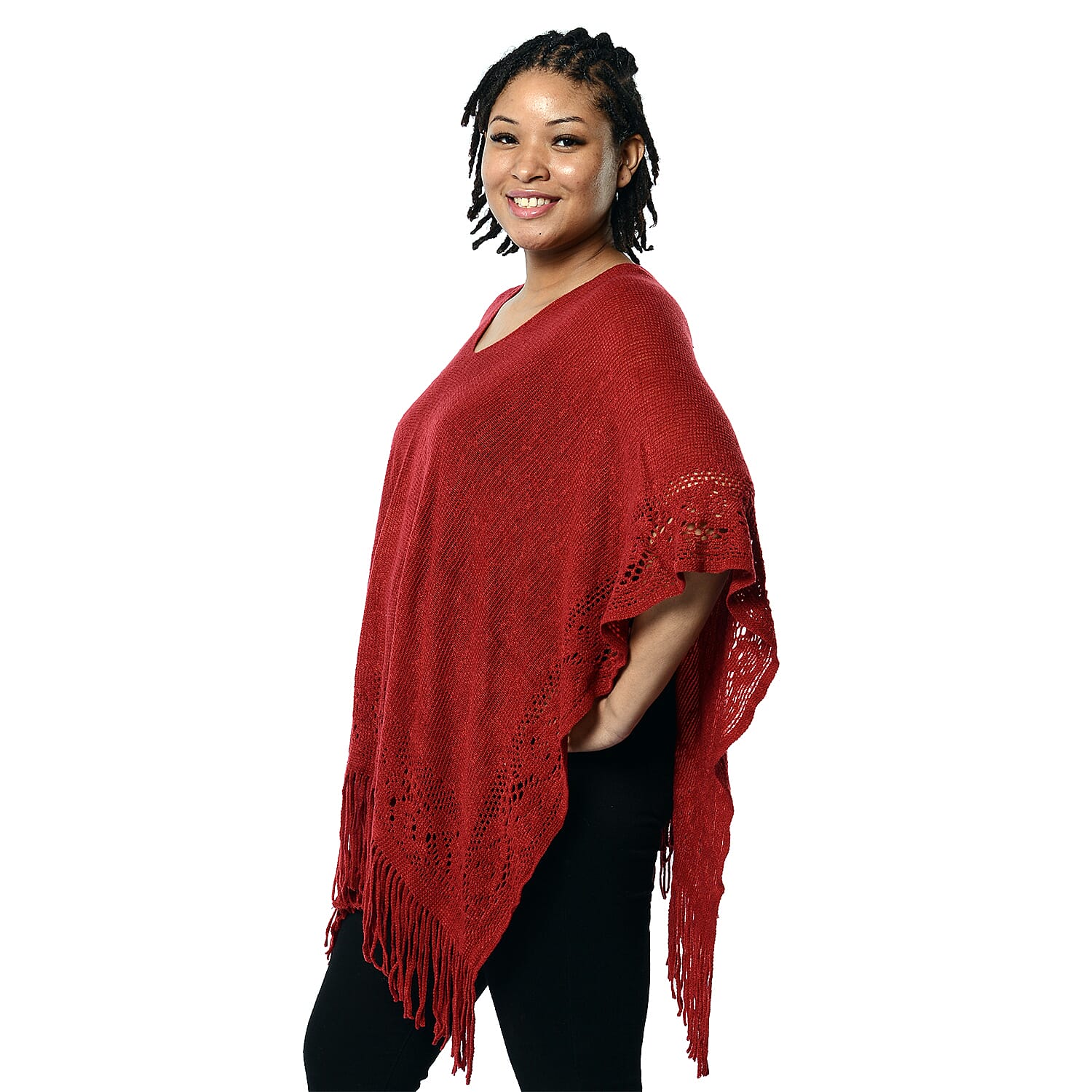 Spring Collection - Solid Red Colour Hollow Out Poncho with Tassel (Free Size; Length 60Cm)