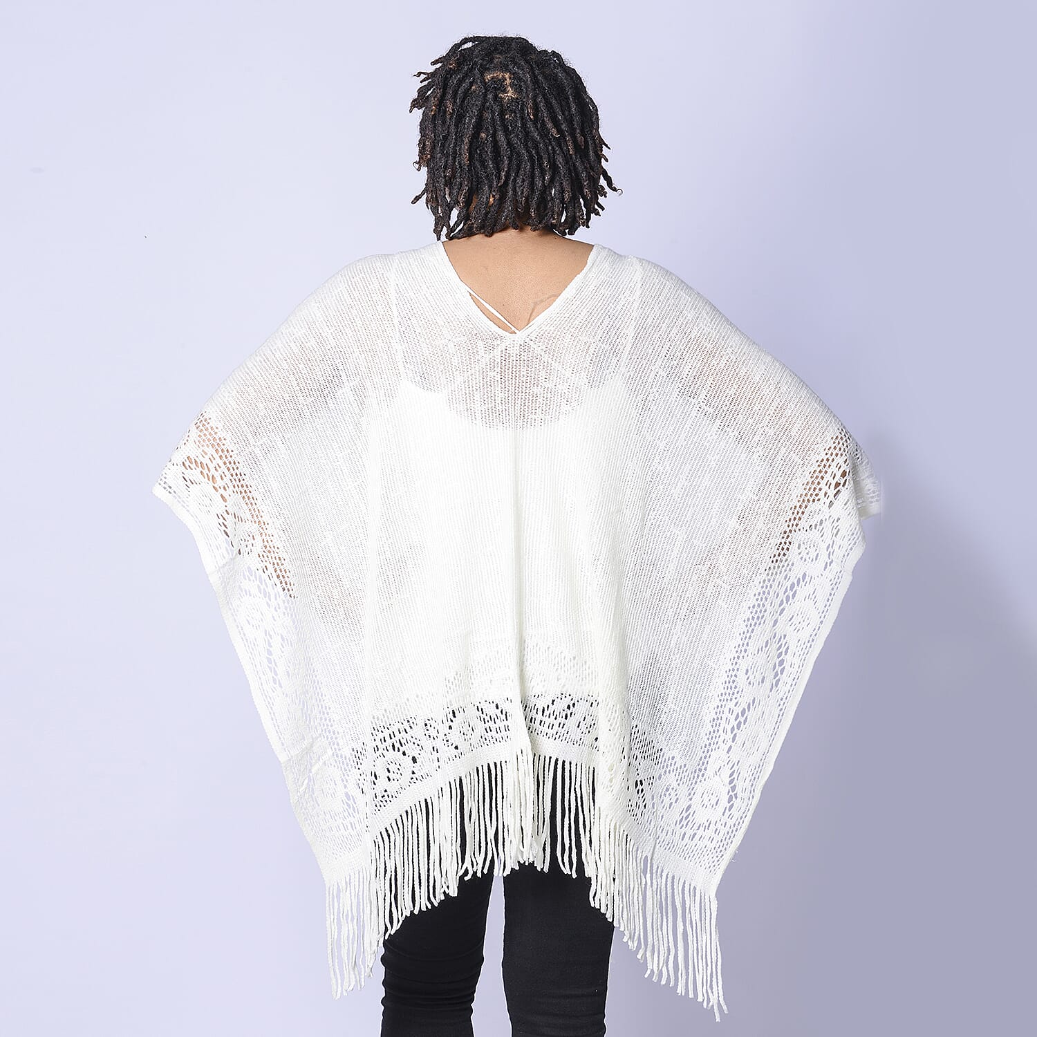 Spring Collection - Solid Cream Colour Hollow Out Poncho with Tassel (Free Size; Length 60Cm)